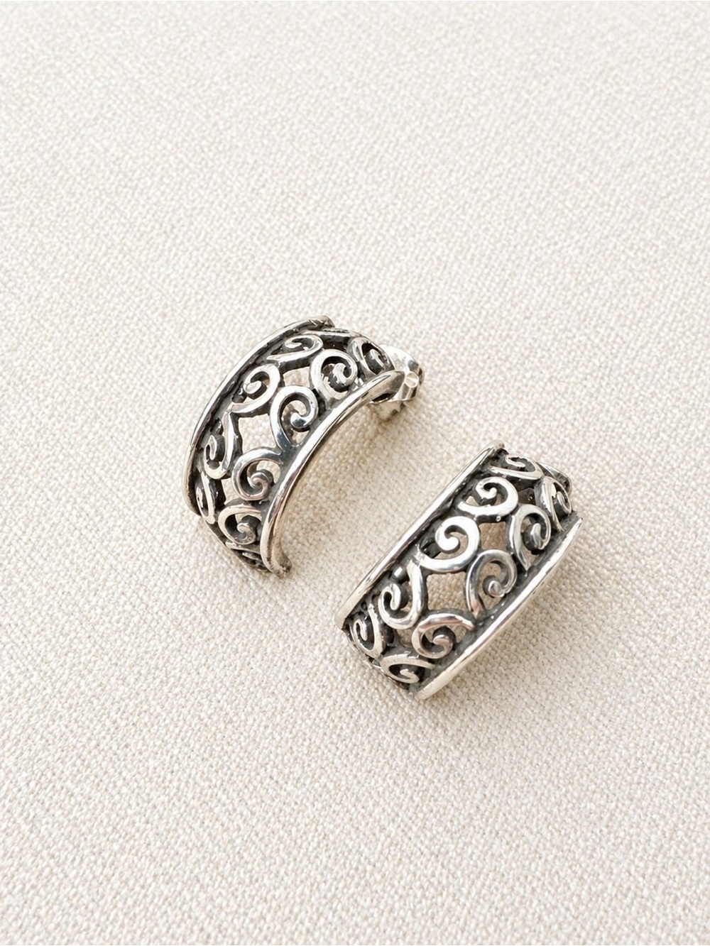 Brighton Silver Hoop Earrings Small Scroll Filigree Hinged